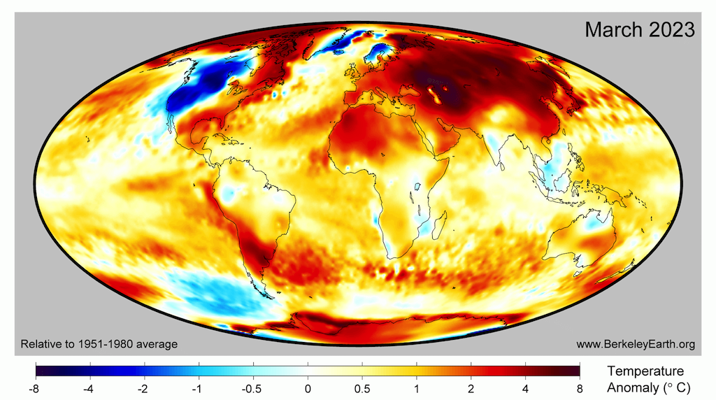 全球表面温度异常,2023年3月相比,1951 - 1980年基准时期,来自伯克利地球。