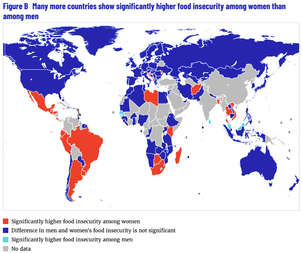 较高的国家粮食不安全(红色)的女性和男性(青绿色)。蓝色表示国家粮食不安全不明显女性和男性之间的不同。