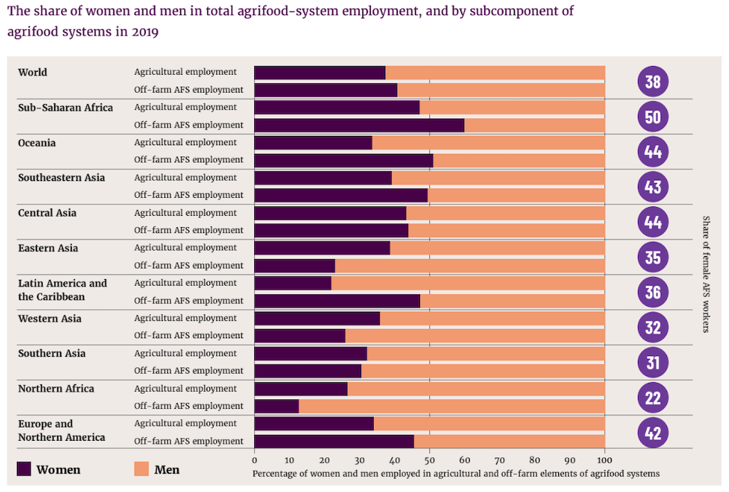 女性(紫色)和男性的比例(橙色)农业食品体系中就业,划分区域和类型的活动:农业(上层钢筋)或非农(酒吧)。总的来说,女性占近40%的所有工人在农业食品体系中,但这个比例千差万别的地区。
